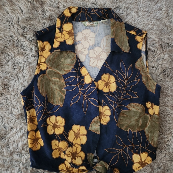 Vintage Tommy Bahama Floral Tie-Front Sleeveless Blouse Blue 100% Silk Size 10 - Picture 3 of 7